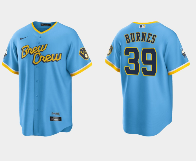 Men's Milwaukee Brewers #39 Corbin Burnes 2022 Powder Blue City Connect Cool Base Stitched Jersey